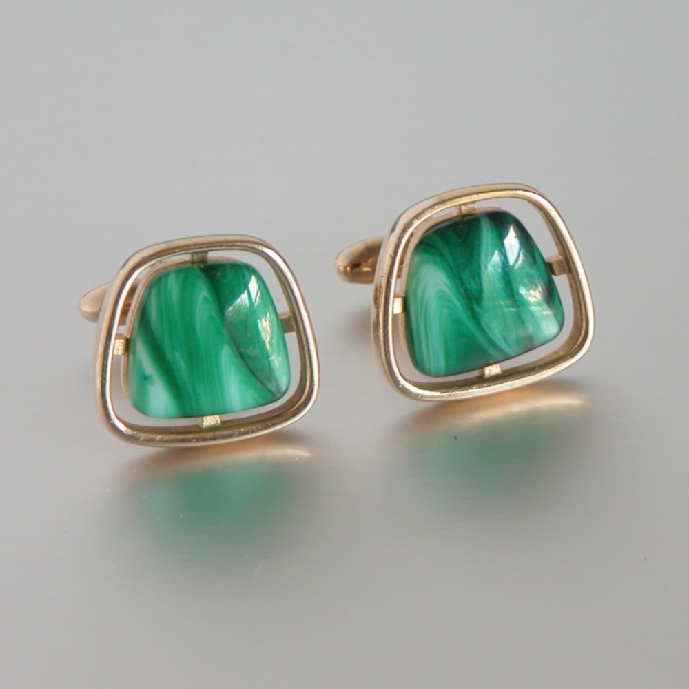 Vtg Hickok Cufflinks Green Marble Stone Gold Tone